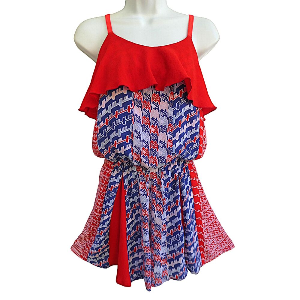 Kenzo Designer Patchwork Ruffled Romper Patriotic Red White Blue Wide Leg Godets